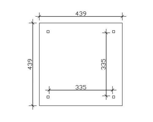 Technische Zeichnung einer quadratischen Platte mit den Maßen 439 x 439 und Bohrungen im Abstand von 335