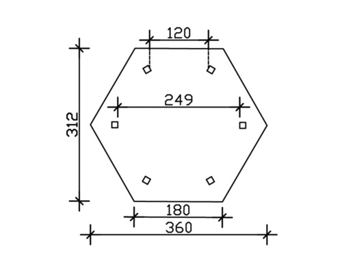Technische Zeichnung einer sechseckigen Platte mit Maßangaben