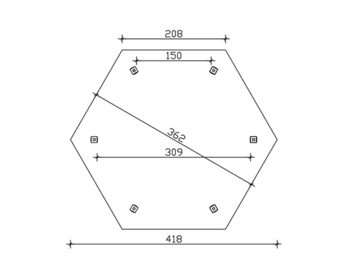 Croquis d''une plaque de fondation hexagonale pour abri de jardin avec dimensions