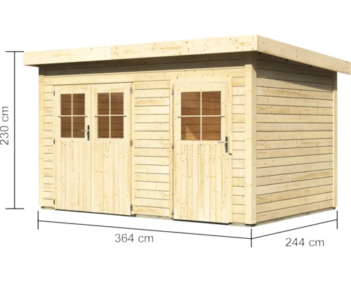 Holzgartenhaus mit Doppeltür und Einzeltür, 364 cm breit, 244 cm tief und 230 cm hoch