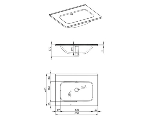 Technische Zeichnung eines Waschtisches mit Maßangaben
