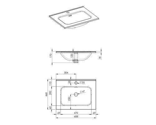 Zeichnung einer Waschtischplatte mit Maßangaben
