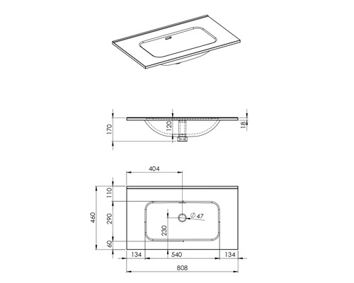 Technische Zeichnung eines Waschtisches mit Maßen