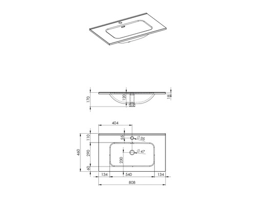 Dessin technique d''un plan vasque avec indications de dimensions