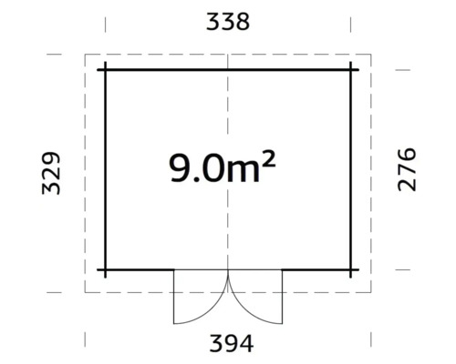 Grundrisszeichnung eines Gartenhauses mit den Maßen 338 x 329 Zentimeter und einer Fläche von 9.0 Quadratmetern