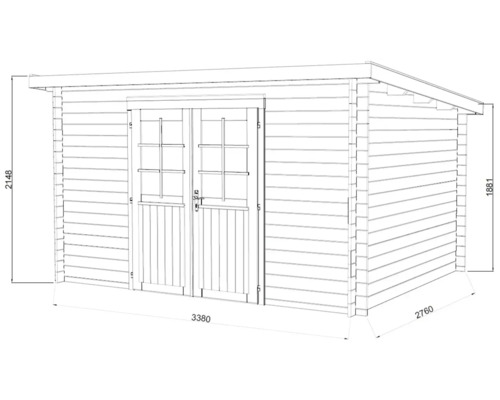 Illustration eines Gartenhauses mit Doppeltür und Maßangaben.