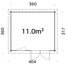 Grundriss eines Gartenhauses mit den Maßen 360 x 317 x 404 cm und einer Fläche von 11 Quadratmetern.