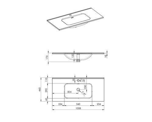 Dessin technique d''un plan de toilette avec dimensions