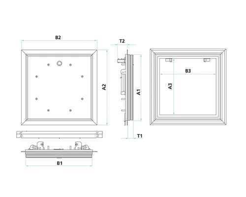 Technische Zeichnung einer Revisionsklappe mit Maßangaben