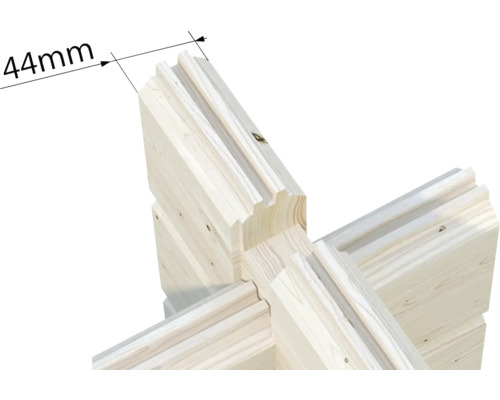 Detailaufnahme einer 44 mm Blockbohlenwand, die die Konstruktionsweise eines Gartenhauses zeigt