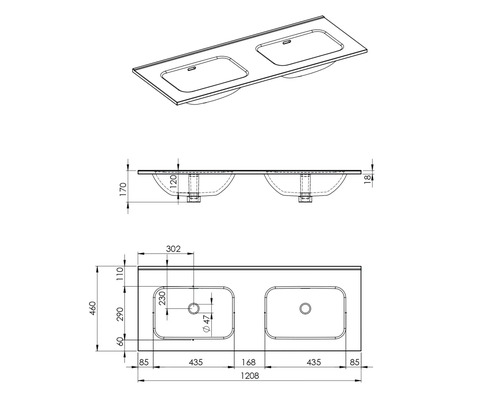 Technische Zeichnung eines Doppelwaschtischs mit Maßangaben