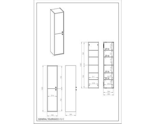 Technische Zeichnung eines Hochschranks mit Abmessungen