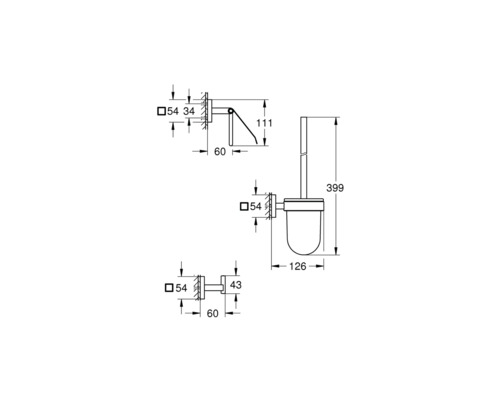 Technische Zeichnung einer Toilettenbürste mit Wandhalterung und Maßangaben