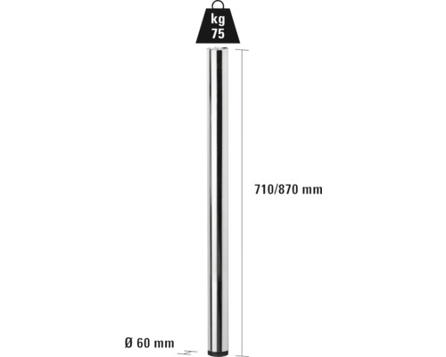 Verstellbares Tischbein aus Metall, 710 bis 870 Millimeter hoch, Durchmesser 60 Millimeter, Belastbarkeit 75 Kilogramm