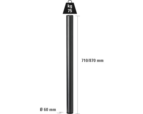 Pfosten mit einem Durchmesser von 60 mm, einer Länge von 710/870 mm und einer Belastbarkeit von 75 Kilogramm