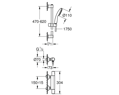 Technische Zeichnung eines Duschsystems mit Maßangaben
