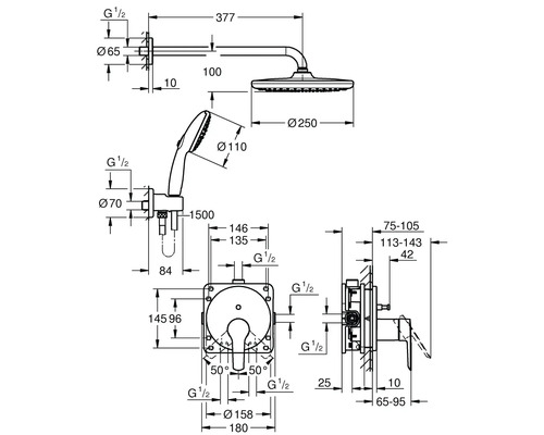 Schéma technique d''un système de douche avec indications de mesure
