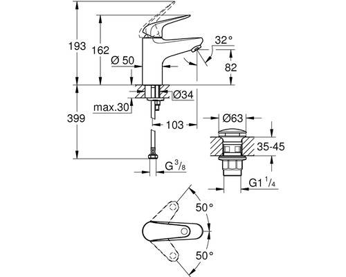 Schéma technique d''un robinet de lavabo avec indication des dimensions