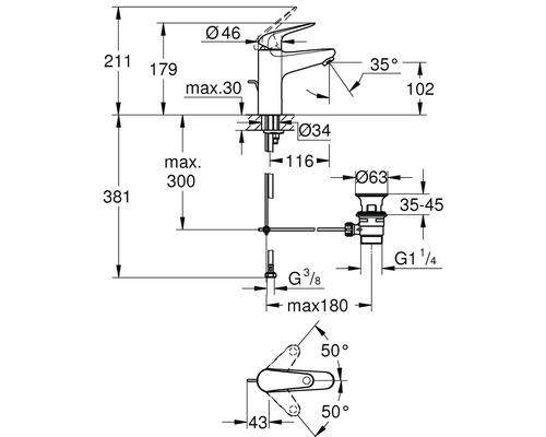 Dessin technique d''un robinet de lavabo avec dimensions.