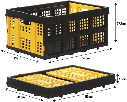 Caisse pliante noire avec accents jaunes en position ouverte et fermée avec indications de dimensions