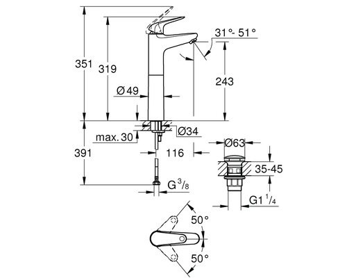 Schéma technique d''un robinet de lavabo avec indications de mesure