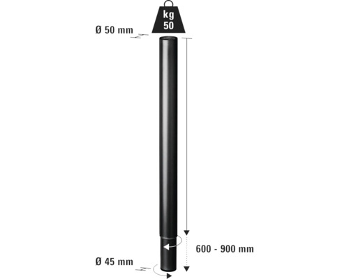 Schwarzes Stahlrohr mit Größenangaben: Durchmesser 50 Millimeter oben, Durchmesser 45 Millimeter unten, Länge 600 bis 900 Millimeter, maximale Belastung 50 Kilogramm.