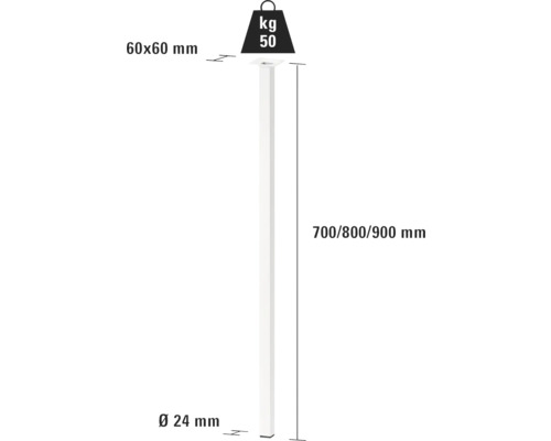 Schéma technique d''un tube métallique avec des dimensions de 60x60 mm, un diamètre de 24 mm et une longueur de 700, 800 ou 900 mm, capacité de charge de 50 kg