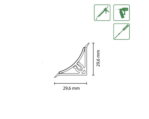 Élément d''angle de dimensions 29,6 x 29,6 mm, adapté à la fixation avec de la colle, des vis ou des clous.