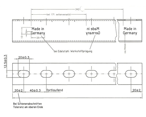 Dessin technique d''un profilé métallique avec indications de dimensions et indication du fabricant Made in Germany