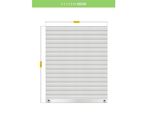Illustration eines Mini-Rollladensystems mit den Maßen 110 mal 130 Zentimeter.