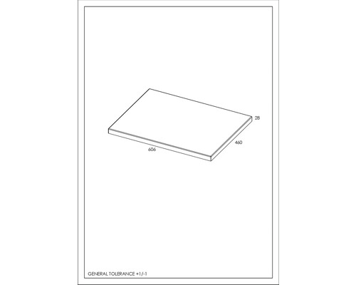 Technische Zeichnung einer Platte mit den Maßen 606 x 460 x 28 Millimeter