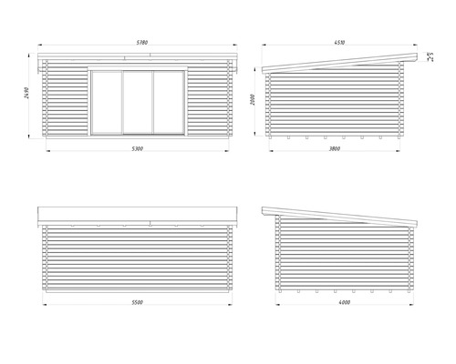 Dessin d''un abri de jardin avec porte coulissante et indications de dimensions