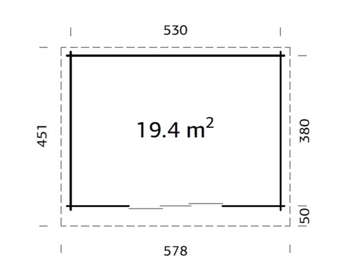 Grundriss mit den Maßen 530 mal 451 Zentimeter und einer Fläche von 19,4 Quadratmetern