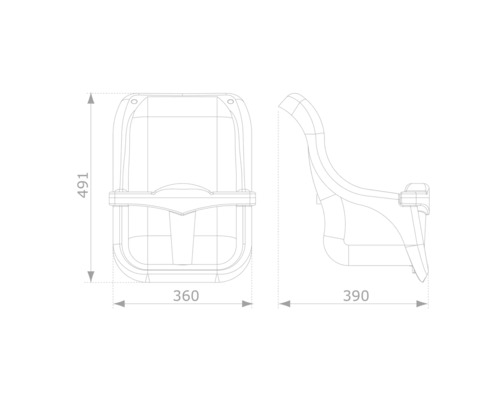 Schéma technique d''un siège de toilette avec les dimensions 491, 360 et 390