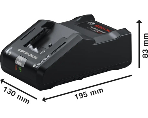 Logo Bosch Chargeur de batterie mesurant 130 millimètres sur 195 millimètres sur 83 millimètres