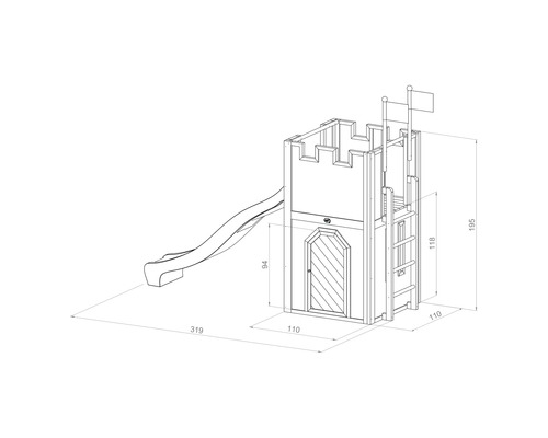 Technische Zeichnung eines Spielturms mit Rutsche und Leiter mit Maßangaben