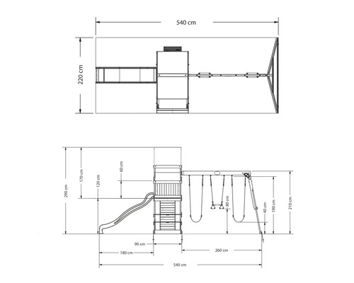 Schéma coté d''une aire de jeux avec toboggan et balançoire
