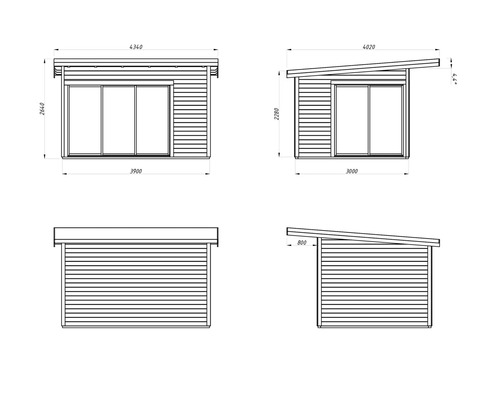 Technische Zeichnung eines Gartenhauses mit Flachdach und Schiebetüren, Ansichten von vorne, von der Seite und von oben mit Maßangaben.