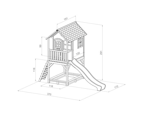Illustration eines Spielhauses aus Holz mit Maßen