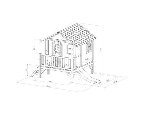 Schéma technique d''une cabane de jeu avec toboggan et dimensions