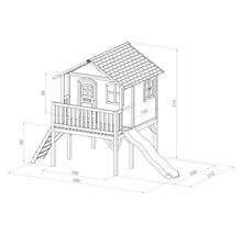 Dessin technique d''une cabane de jeu avec toboggan et échelle avec dimensions