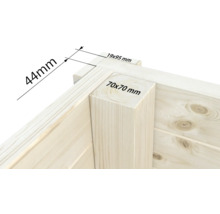 Detailansicht einer Holzecke mit Maßangaben
