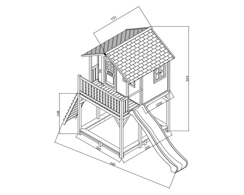 Dessin technique d''une cabane de jeu avec toboggan et échelle avec indications de taille