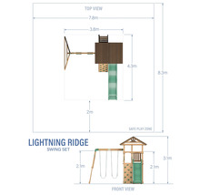 Abmessungen des Lightning Ridge Schaukelsets in der Draufsicht und Vorderansicht.