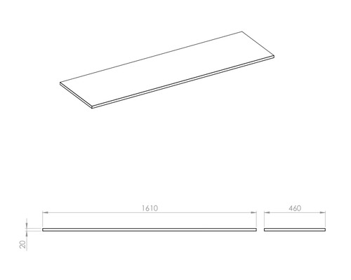 Technische Zeichnung einer Arbeitsplatte mit den Maßen 1610 x 460 x 20 Millimeter.