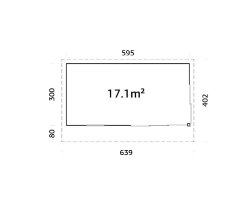 Grundriss mit den Massen 300 x 595 x 402 x 639 und einer Fläche von 17,1 Quadratmetern.
