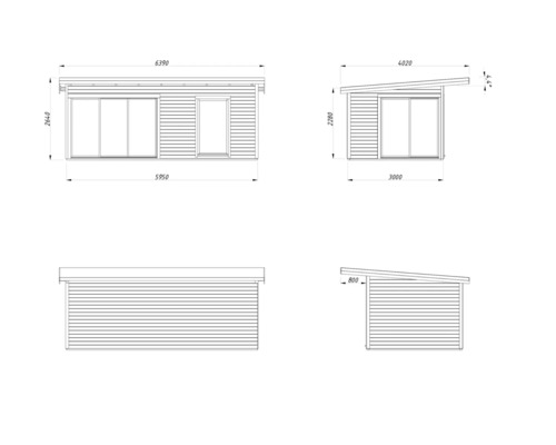 Technische Zeichnung eines Gartenhauses mit Maßen