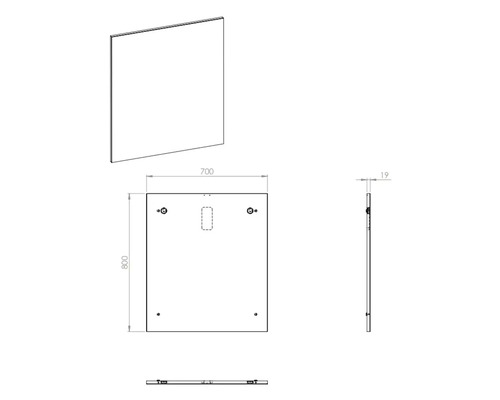 Dessin technique d''un miroir de dimensions 800 x 700 millimètres et d''une épaisseur de 19 millimètres.