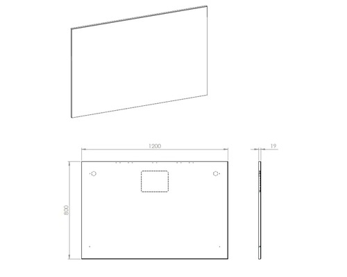 Schéma technique d''un miroir mesurant 1200 x 800 x 19 millimètres.