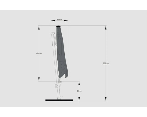 Abmessungen eines Sonnenschirms mit einer Höhe von 282 cm, einer Höhe des Fußes von 91 cm und einer Breite des Schirms von 58 cm bei einer Höhe von 191 cm